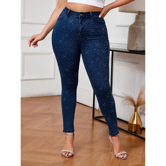 Plus Size High Waisted Skinny Jeans Women Stretchy Rhinestone Tummy Control - Picture 5 of 6